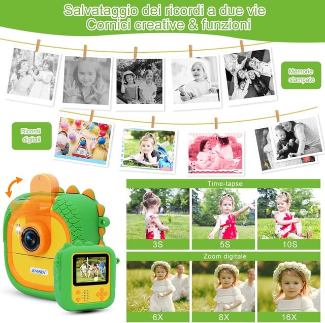 Detalle 2 de ARNSSIEN Macchina Fotografica Bambini istantanea con obiettivo 180° flip e schermo 2,4" (1080P) – kit con carta e colori