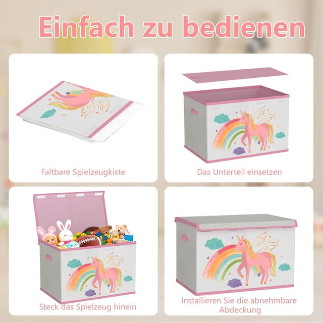 Detalle 2 de VERONLY Spielzeugkiste mit Deckel (83 L), faltbar, mit Tragegriffen – Aufbewahrungsbox für Kinderzimmer (Beige & Rosa)