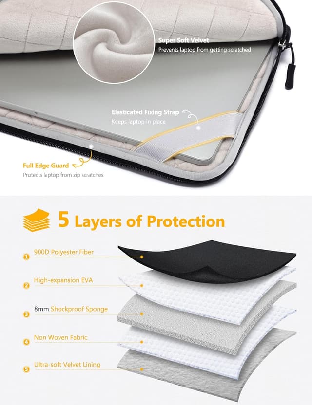 Detalle de HYZUO Laptoptasche für 13,3–14 Zoll – Hülle mit stoßfestem Schaum und Stauraum, schwarz