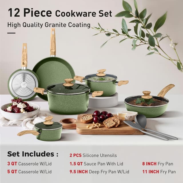 Detalle 1 de DishDelight Induction Pots and Pans Set (Nonstick Granite, 12-Piece) in Green