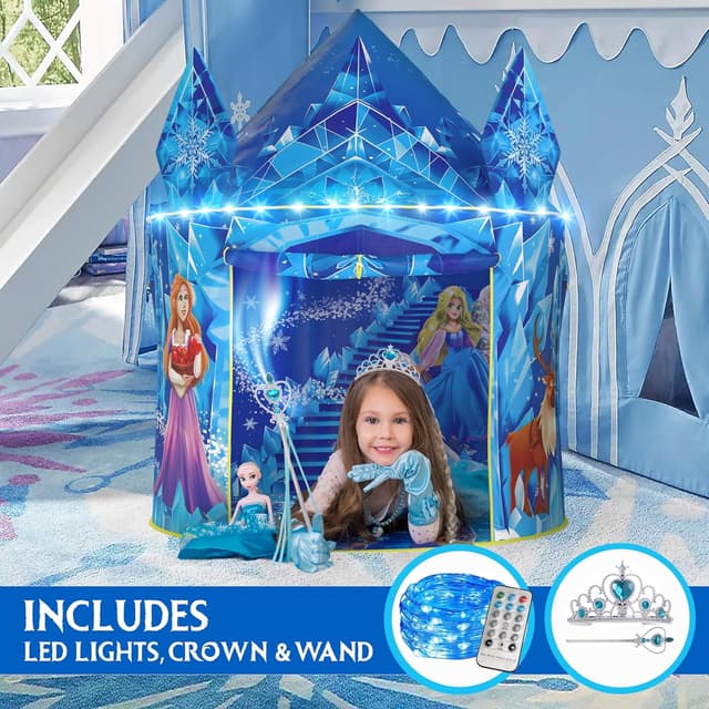 Detalle de W&O Frozen Princess Tent for Girls (Ages 3-7) with Magical Sound Button, LED Lights, Crown & Wand