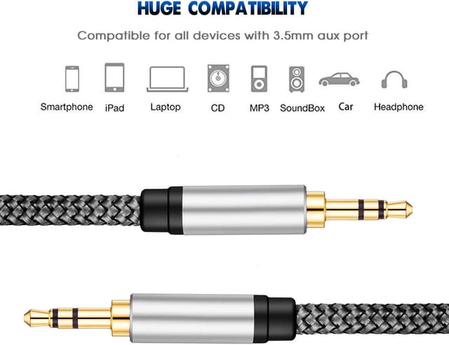 Thumbnail 6 de TanQY Aux Cable 5m (3.5mm Male to Male) – Silver stereo audio lead for car, headphones, tablets and more