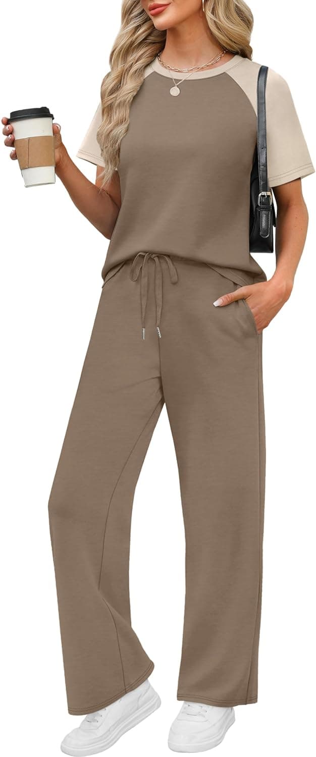 Detalle de WIHOLL 2-Piece Women’s Resort & Travel Lounge Set (Short Sleeve Top + Wide-Leg Pants)