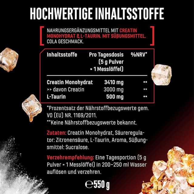 Detalle 2 de Flavoured Creatine Pulver (550 g) – Creatin Monohydrat + L-Taurin, mikronisiert, vegan (Cola)