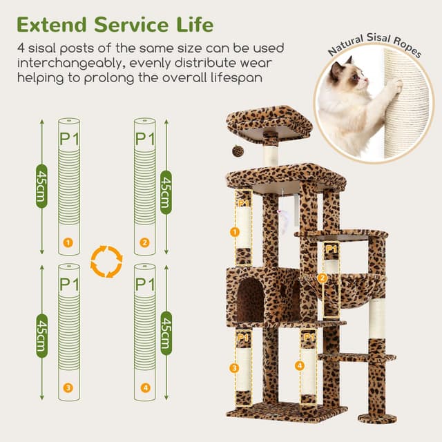 Detalle 2 de Globlazer Kratzbaum Leoparden (167 cm) mit breiter gepolsterter Plattform – XL Katzenhaus, Kratzstangen & Spielzeug