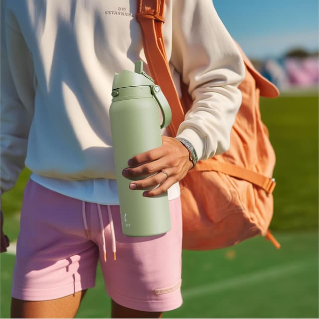 Detalle de Meoky 1182ml stainless steel sports water bottle with 2-in-1 straw & spout lid (sage)