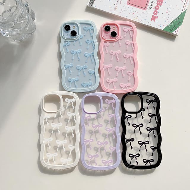 Detalle de QLTYPRI Schleife Hülle für iPhone 15 Pro Max (6,7"), klares Silikon-Bumper Case mit Locken-Schleife – Weiß