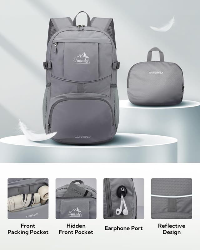 Detalle de WATERFLY faltbarer Ultraleicht-Wanderrucksack (25L) – packbare Trekking-Tagesrucksack mit Reflektoren