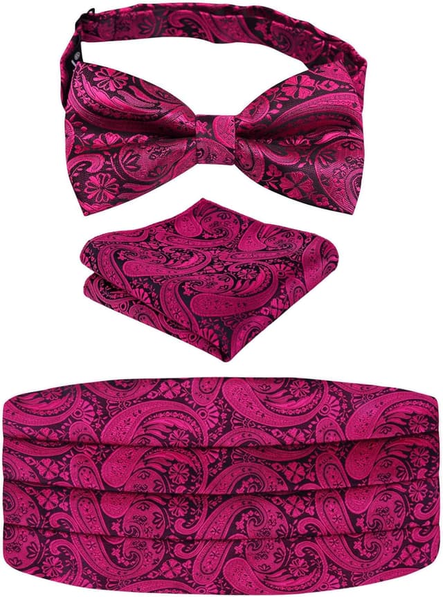 Detalle de Alizeal Men’s Solid Pre-tied Party Adjustable Bow Tie, Cummerbund & Pocket Square Gift Set