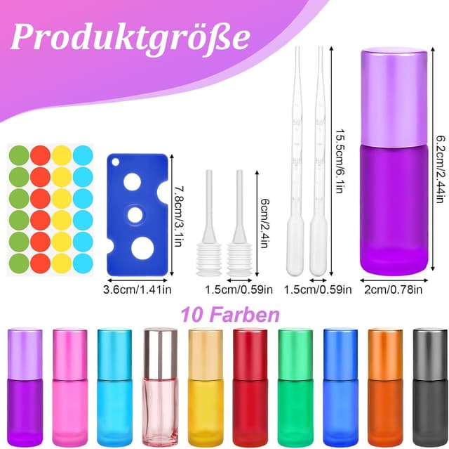 Detalle de Moosono Roll-on Flaschen Set (leer) 5 ml, 10 Stück Glas mit Edelstahl-Roller, Öffner, Tropfer & Aufklebern