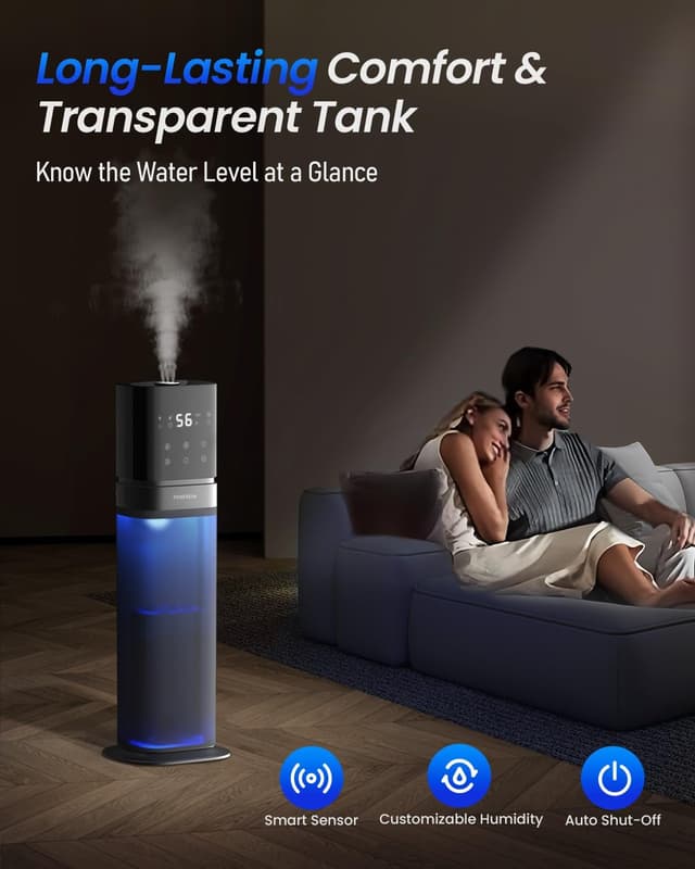 Detalle de YOKEKON 8L Cool Mist Humidifier for Large Rooms (Top Fill, 360° Nozzle, Essential Oil Tray, 5 LED Lights, 12H Timer) — Blue