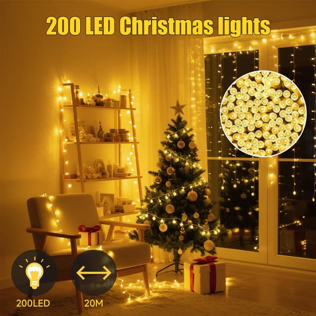 Detalle de Electight Christmas Fairy Lights (USB rechargeable, 200 LEDs, 20m) with remote, timer and 8 modes