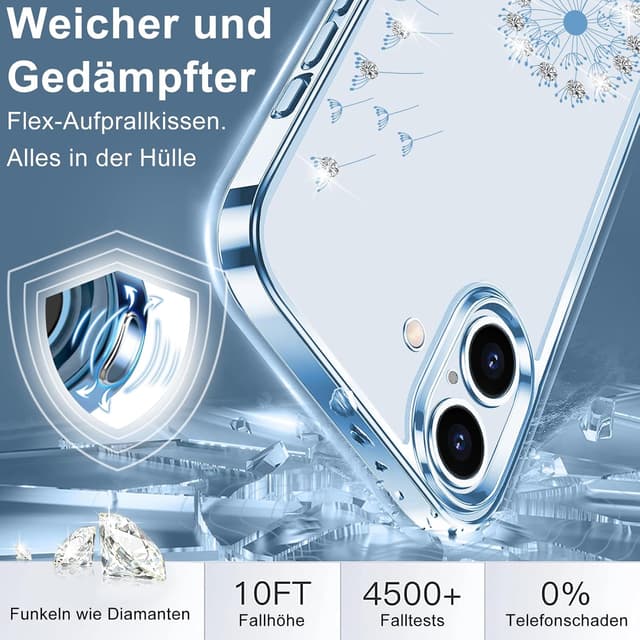 Detalle de 2Buyshop iPhone 17 Hülle aus transparentem Silikon – Löwenzahn Blumen & Glitzer, ultradünn, stoßfest