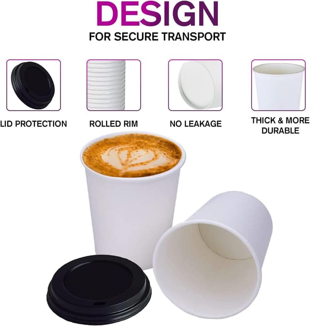 Detalle de Smygoods Disposable White Paper Coffee Cups with Lids (16 oz) — Pack of 100