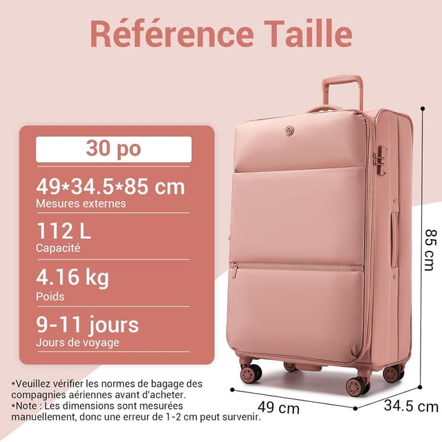 Detalle 2 de Miss Lulu Valise Grande Taille 30 pouces extensible 85 cm, 112 L, tissu nylon 75D/750D imperméable, roues 360° et serrure TSA (rose)