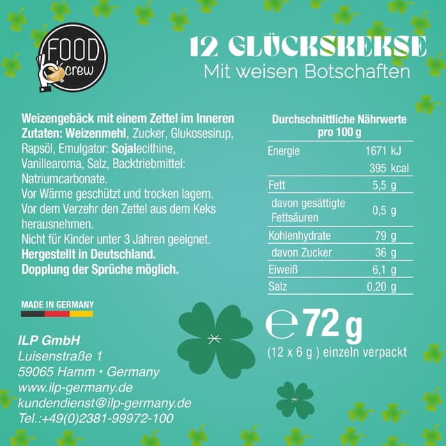 Detalle 2 de FOOD crew 12 Glückskekse „Viel Glück“ – vegane Glückskekse als kleines Geschenk für Familie, Freunde & Kollegen