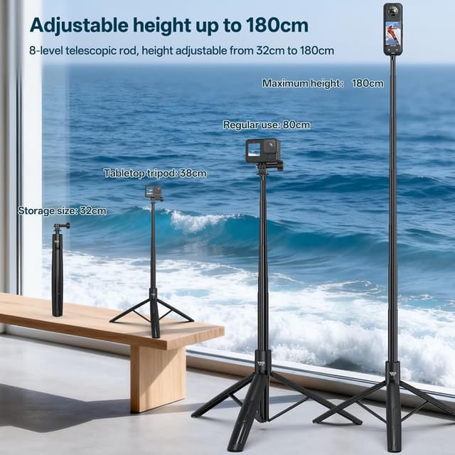 Detalle de VRIG TP-30 Selfie-Stick-Stativ bis 180 cm für Actionkameras (1/4" Schraube, GoPro-Adapter)