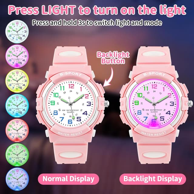 Detalle 2 de DTKID Analoge Kinderuhr mit Licht – Jungen & Mädchen, gut lesbares Zifferblatt, 50 m wasserdicht (ab 5–16 Jahren)