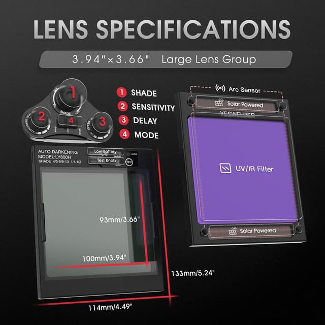 Detalle de YESWELDER Solar-Schweißhelm mit großem Sichtfeld (10x9,3 cm) und 4-Sensoren, Auto-Verdunkelung