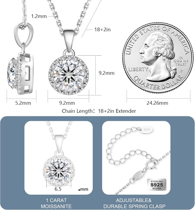 Detalle 2 de KRKC&CO Moissanite Anhänger-Kette aus 925 Sterlingsilber für Damen (Halo, rund) mit 1,0 ct Moissanit