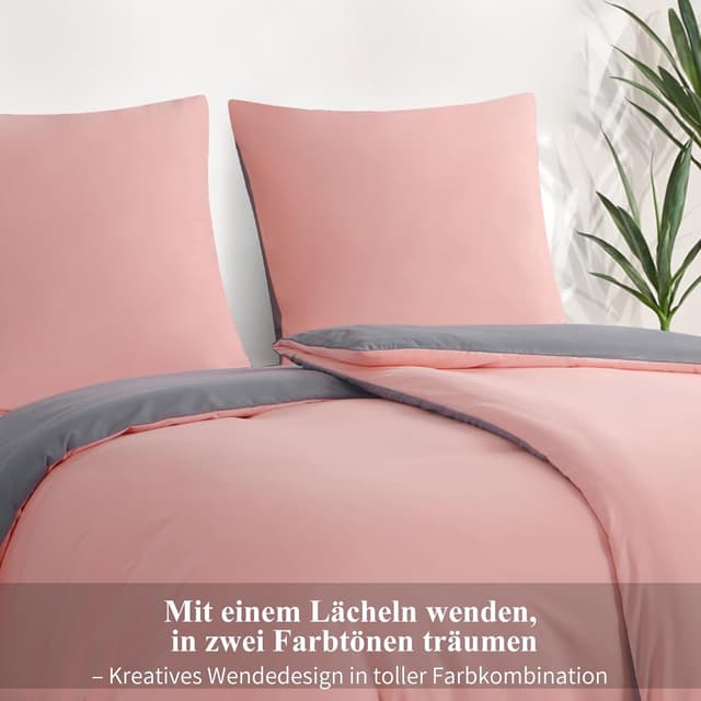 Detalle de Aisbo Bettwäsche 135x200 4-teilig Rosa/Grau (Wendebettwäsche mit Mikrofaser) – 2 Bettbezüge + 2 Kissenbezüge