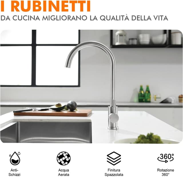 Detalle de GRIFEMA G4008 rubinetto da cucina in acciaio inox con bocca alta e beccuccio girevole 360°