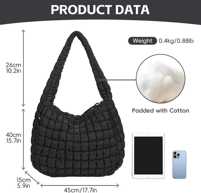 Detalle de Bagtopia Puffer Tote Bag (Large Quilted Puffer Bag) – lightweight padded hobo tote for work, gym and travel