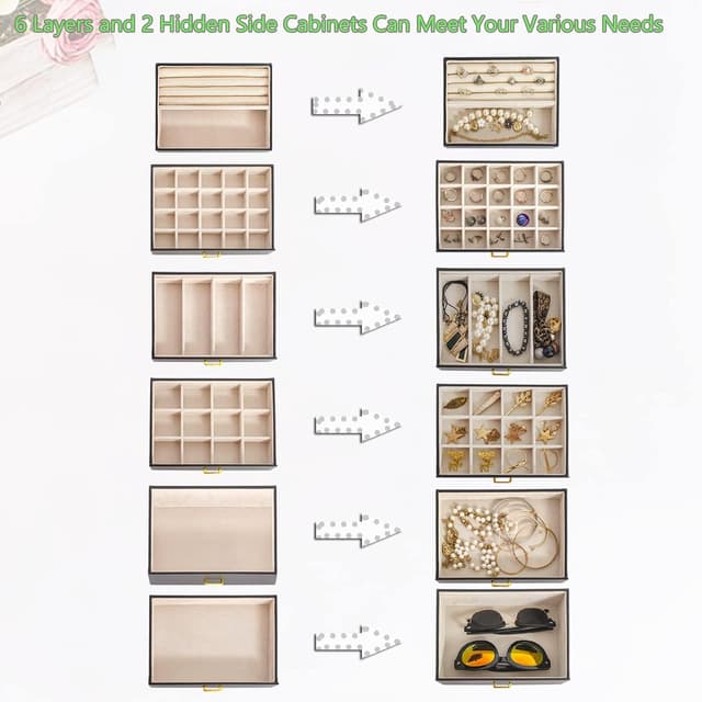 Detalle de AKOZLIN Huge Jewelry Box Organizer (Black) with Mirror, 6 Removable Drawers