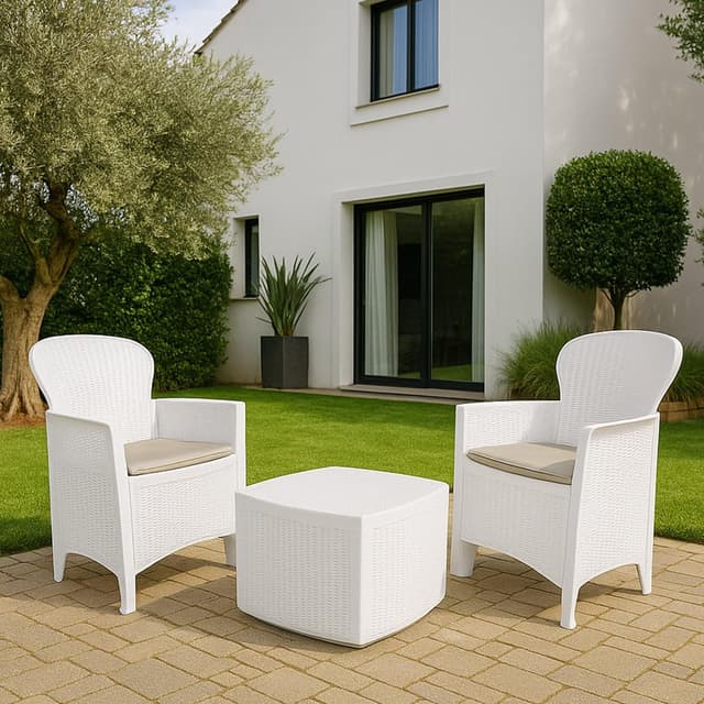 Detalle de Set salotto da esterno Napoli di Dmora: 2 poltrone + tavolino contenitore effetto rattan bianco