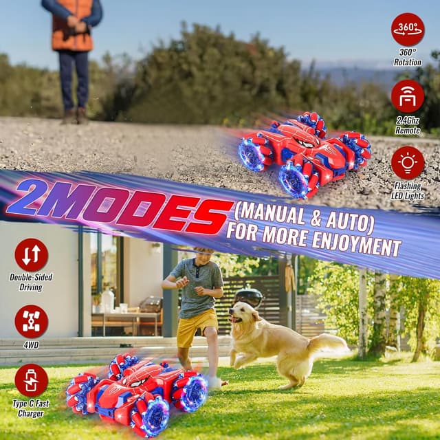 Detalle de AISAMLIN Spider 4WD 2.4Ghz RC Remote Control Car with 360° Double-Sided Rotation (Rechargeable)