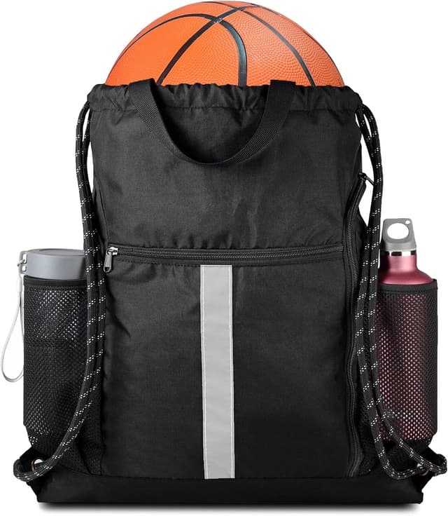 Detalle de BeeGreen Large Drawstring Backpack with Shoe Compartment, Water Bottle Holders and Reflective Strips (Black)