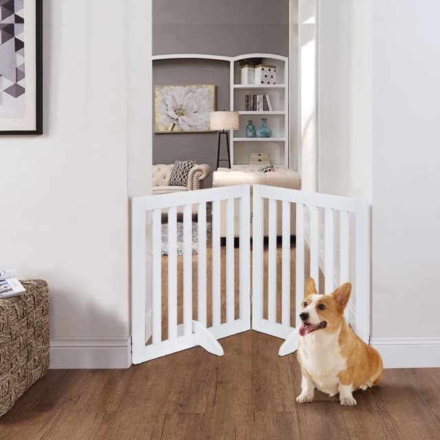 Detalle de unipaws 61 cm Free Standing Pet Gate (White) – foldable wooden barrier for dogs and cats
