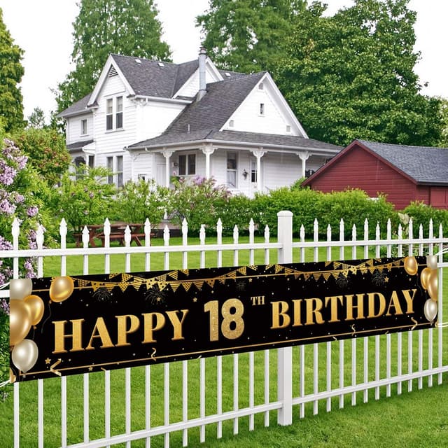 Detalle de Large Happy 18th Birthday Decoration Banner (Black and Gold) — Polyester 9.8 x 1.6 ft Photo Backdrop Sign