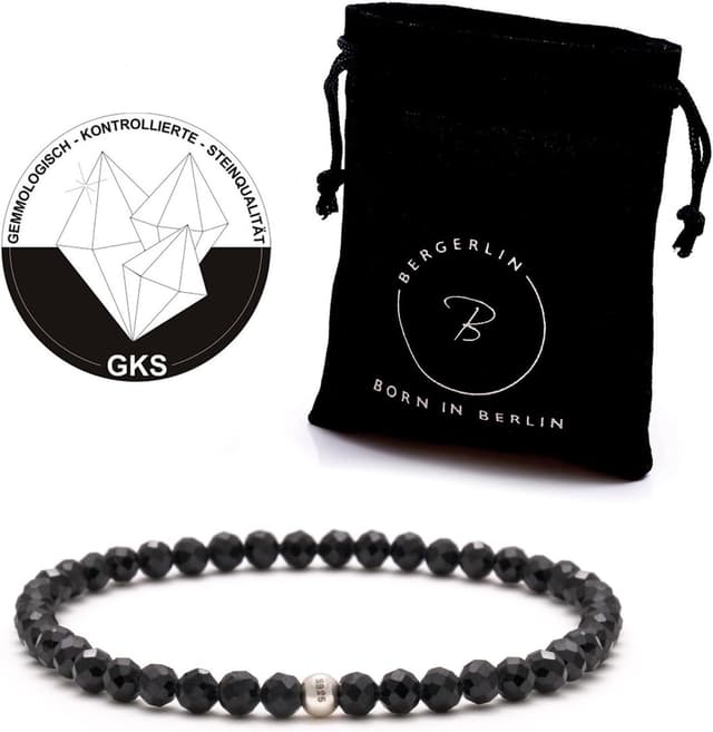 Detalle de BERGERLIN Echtes Naturstein Perlenarmband mit 925-Silberperle (Onyx geprüft in Deutschland) für Damen und Herren