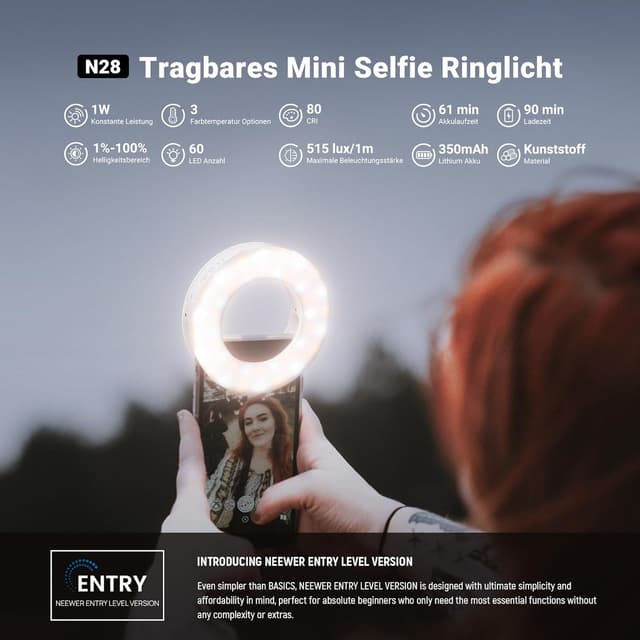 Detalle 2 de NEEWER Entry Level Version 3,74" Handy Selfie Ringlicht (clip-on) für iPhone & iPad, 60 LEDs, N28