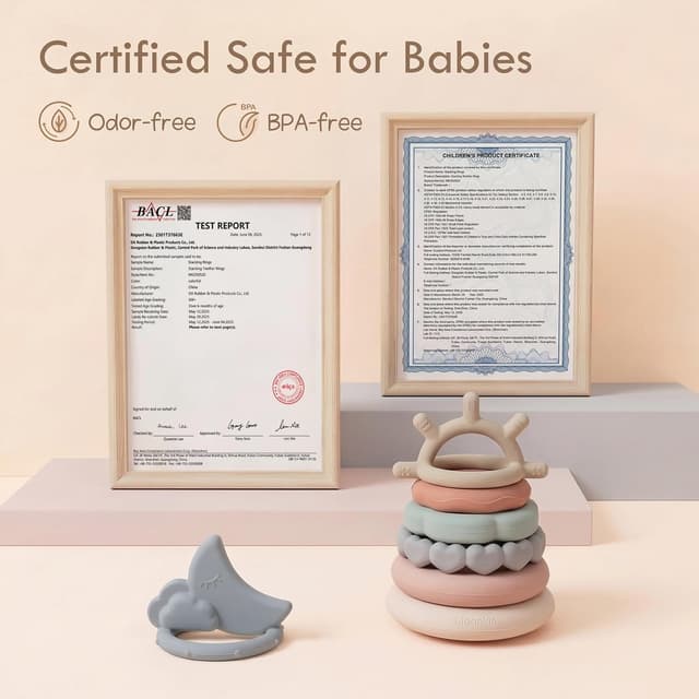 Detalle 2 de Moonkie Stapelturm für Stapelspiel – 7-teiliges Baby-Stapel- und Beißring-Set aus lebensmittelechtem Silikon