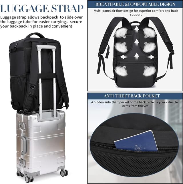 Thumbnail 6 de Cabin Bag 55x35x25cm (48L) Travel Backpack with USB Charging Port and Laptop Compartment – Cabin carry-on approved, Black