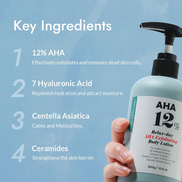 Detalle de V11FACTORY AHA 12% Glycolic Acid Body Lotion (Unscented) with Hyaluronic Acid & Collagen