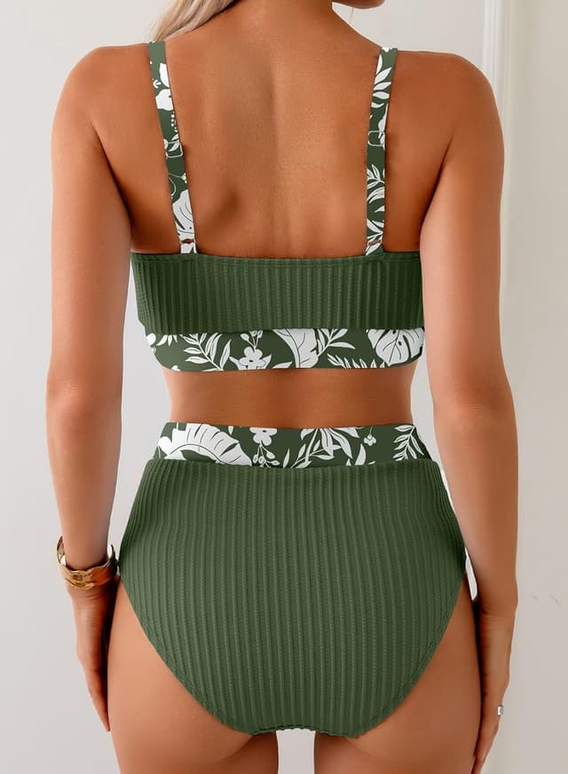 Detalle 2 de Herseas Women’s Textured Floral Trim Scoop Neck Bikini Set (High-Waisted)