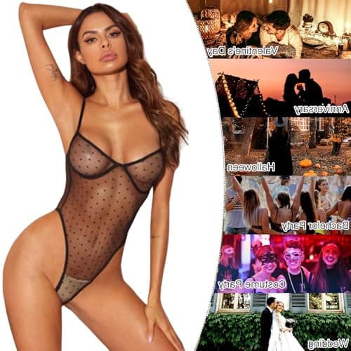 Thumbnail 6 de ROSVAY body transparente sexy de encaje con cuello en V y correas ajustables (lencería tipo babydoll) en negro, talla única