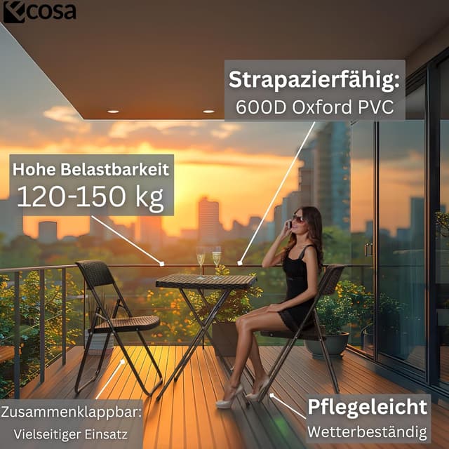 Detalle de ecosa® Bistroset 3-teilig: klappbarer Balkontisch mit 2 Stühlen (600D Oxford PVC, wetterfest)