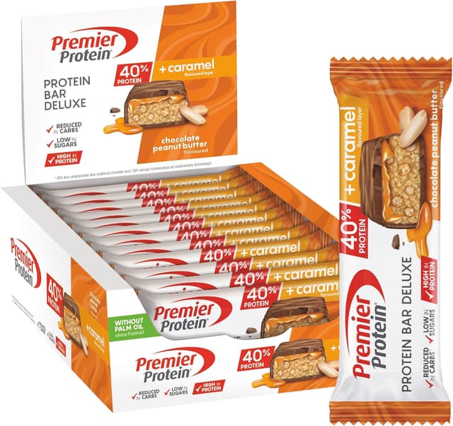 Detalle de Premier Protein Protein Bar Deluxe 40% Chocolat Cacahuète – lot de 12 (50 g) : faible en sucres, 20 g de protéines