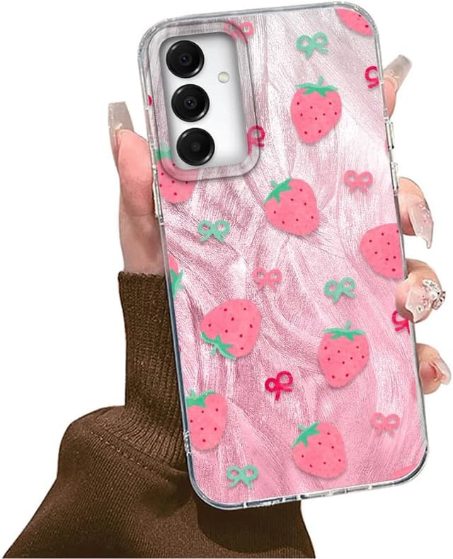 Detalle de Tedyhulle Hülle für Samsung Galaxy A15 4G/5G mit rosa Erdbeer-Schleife – dünne TPU/PC Schutzhülle