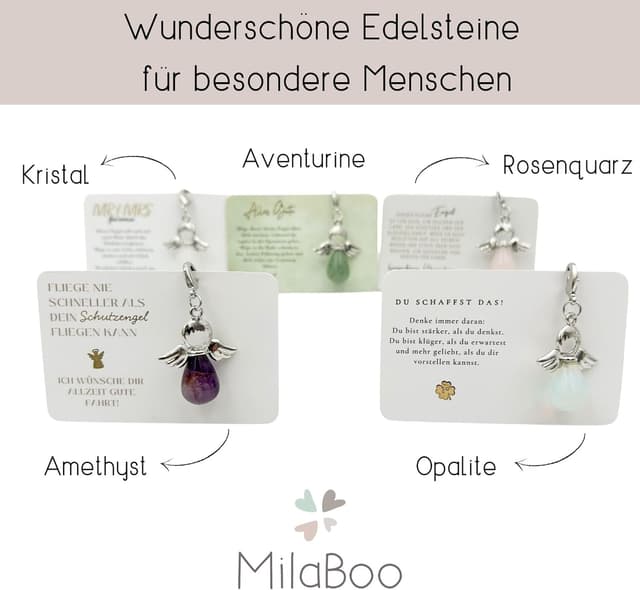 Detalle de Milaboo Schutzengel Schlüsselanhänger mit Edelstein und Karte – handgefertigt in Geschenkverpackung
