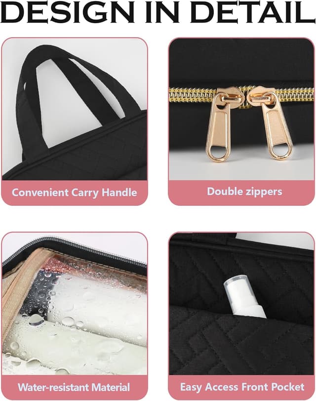 Detalle 2 de FitDA Trousse de toilette femme de voyage suspendue noire avec 4 compartiments transparents