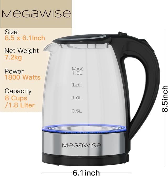 Thumbnail 6 de MEGAWISE 1.8L Healthy Electric Kettle (1800W) Borosilicate Glass, BPA-Free, Auto Shut-Off & Boil-Dry Protection