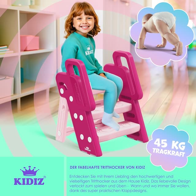 Detalle de KIDIZ Tritthocker für Kinder (klappbar, 3 Stufen) – faltbarer Lern-Turm für 18 Monate bis 6 Jahre, höhenverstellbar, rutschfest, Rosa