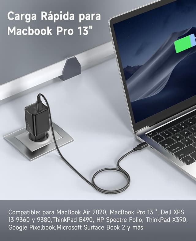 Detalle de ViSSKO cargador de 65W para MacBook Air con USB-C PD 3.0 y GaN II (cable trenzado USB-C de 2 m)