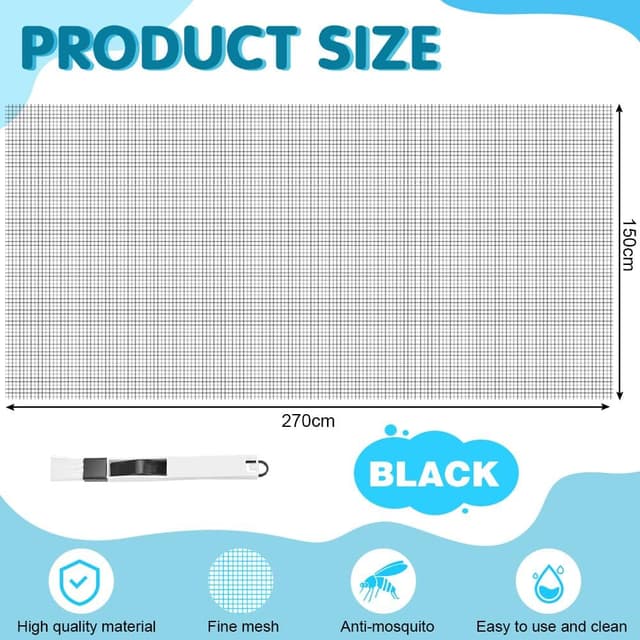 Detalle 2 de BUZIFU Fliegengitter Meterware aus Fiberglas (150 x 270 cm) mit Fensterputzbürste – Insektenschutz für Fenster & Türen, Schwarz