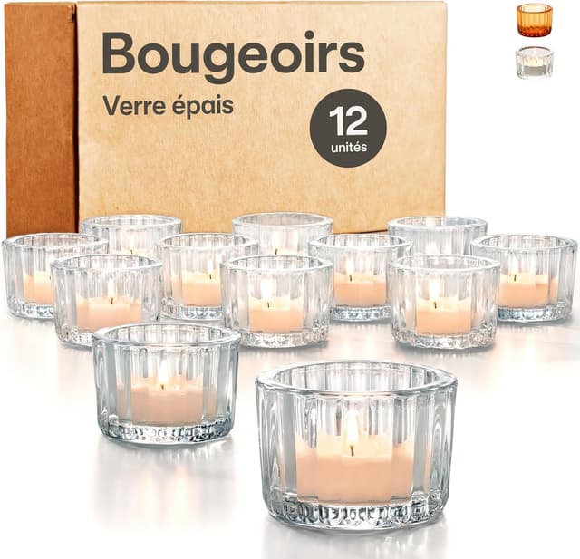 Detalle de Praknu photophore bougeoir en verre transparent rainuré – lot de 12 porte-bougies chauffe-plat